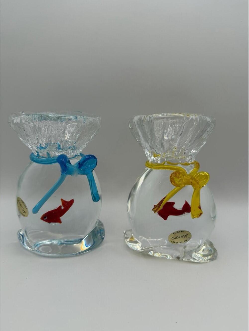 Set Of 2 Vintage Murano Glass Fish In A Bag Paperweight Yellow Ribbon Rare Tags